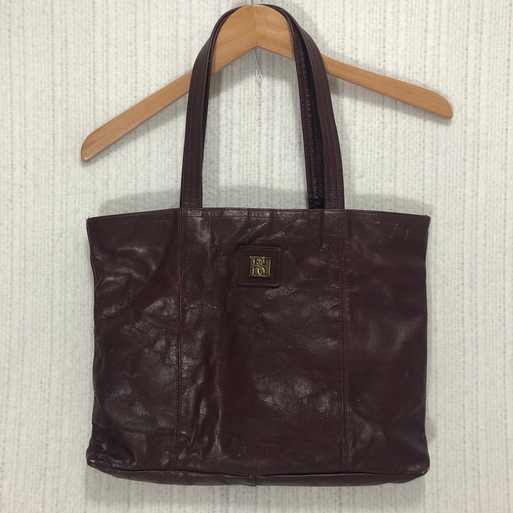 Vintage Burgundy Leather Tote Bag Gold Logo Shoulder Bag Maroon Wine